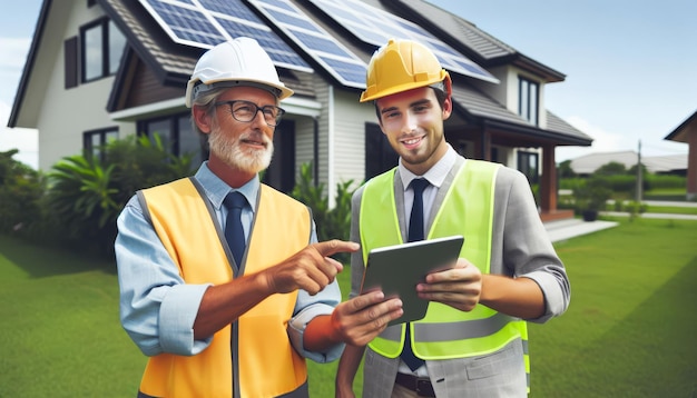 Um engenheiro de capacete com um computador explica a um cliente o sistema de instalação de painéis solares