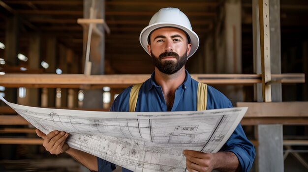 um engenheiro de construção com um plano na frente de uma estrutura parcialmente concluída