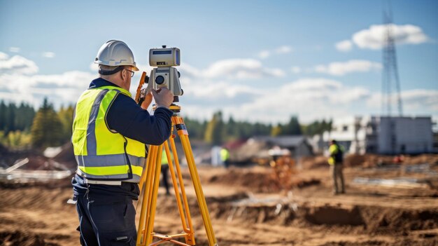 Um engenheiro de construção de agrimensor com equipamento de trânsito de teodolito no local de construção ao ar livre durante o trabalho de agrimensura