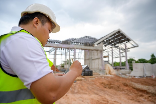 Um engenheiro de construção ou capataz supervisiona a construção de uma casa em um canteiro de obras Planos de projeto para o projeto de construção de uma casa