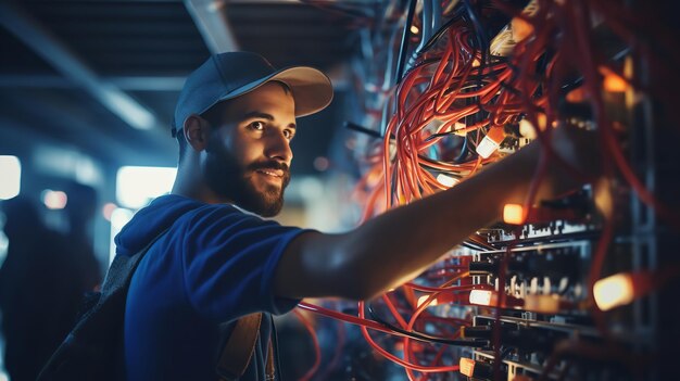 Um engenheiro de redes está na sala de servidores.