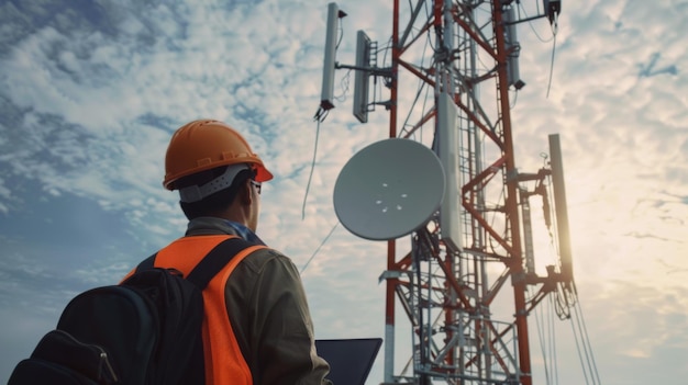 Um engenheiro de telecomunicações inspecionando uma matriz de antenas de torre de sinalização que garante o desempenho e a cobertura ótimos para redes móveis