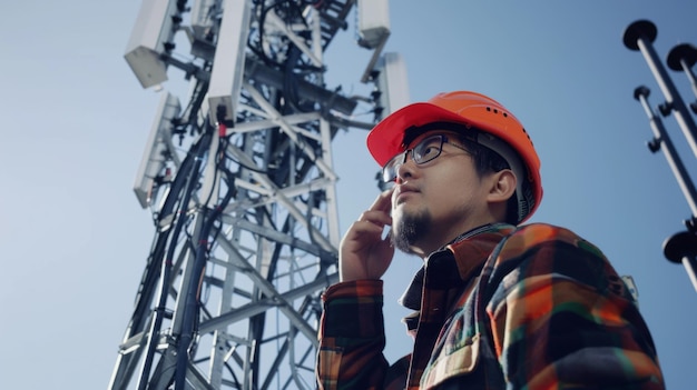 Um engenheiro de telecomunicações inspecionando uma matriz de antenas de torre de sinalização que garante o desempenho e a cobertura ótimos para redes móveis