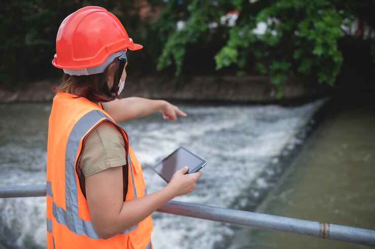 Foto um engenheiro eletricista avançado inspeciona o sistema elétrico do sistema hidráulicotécnicos de manutenção para o sistema de controle do sistema de tratamento de águas residuais