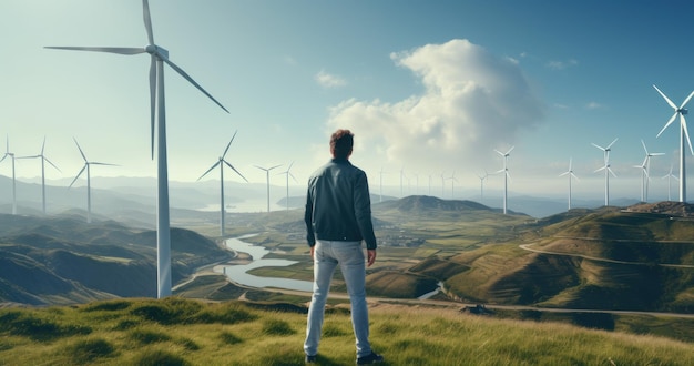 Um engenheiro em cima de uma turbina eólica