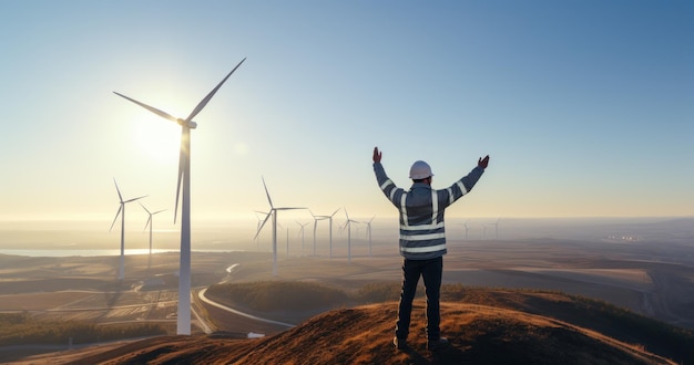 Um engenheiro em cima de uma turbina eólica