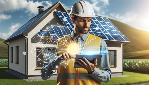 Um engenheiro em roupas de trabalho com um tablet planeja instalar equipamentos de painéis solares em uma casa inteligente