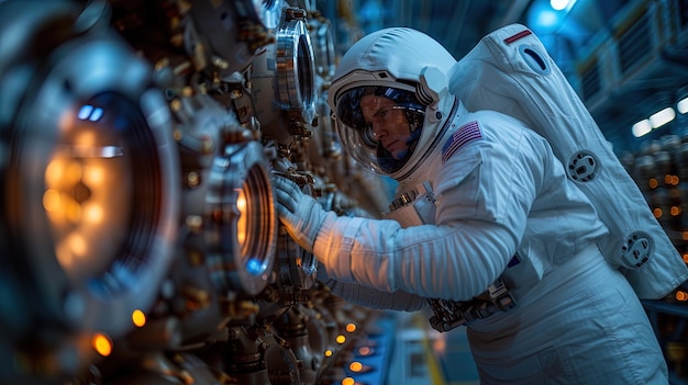 Um engenheiro espacial realizando reparos de emergência em um sistema de propulsão de uma nave espacial.