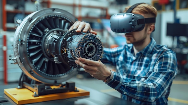 Um engenheiro futurista trabalhando em uma máquina complexa cercado por simulações holográficas e usando um fone de ouvido VR