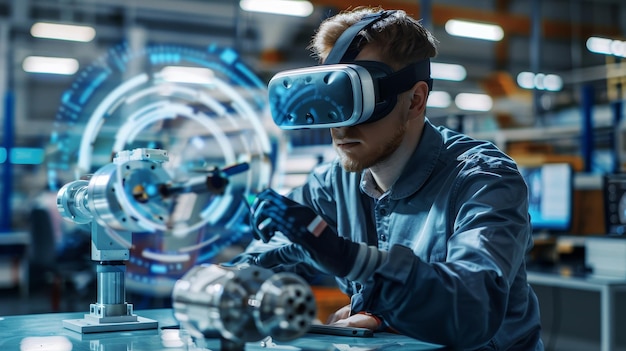 Um engenheiro futurista trabalhando em uma máquina complexa cercado por simulações holográficas e usando um fone de ouvido VR