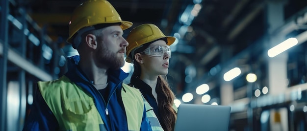 Foto um engenheiro industrial e um engenheiro têm uma discussão enquanto caminham por uma fábrica de fabricação de indústria pesada enquanto usam capacetes e coletes de segurança