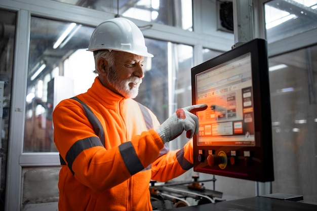 Um engenheiro industrial experiente ou operário sênior operando máquina automatizada na sala de controle do salão de produção. Interior da fábrica em segundo plano.