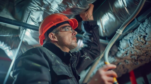 Foto um engenheiro inspecionando e reparando isolamento defeituoso em uma instalação industrial para evitar energia