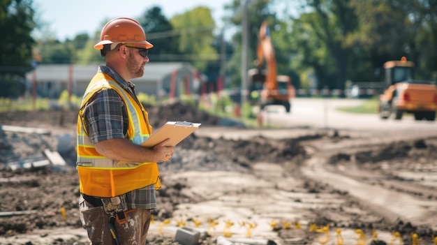 Um engenheiro inspecionando um canteiro de obras com um chapéu e um caderno