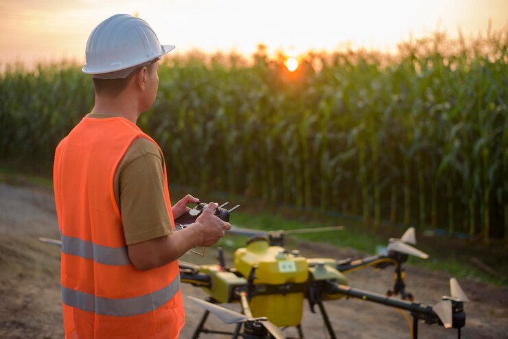 Um engenheiro masculino controlando drones pulverizando fertilizantes e pesticidas sobre terras agrícolas