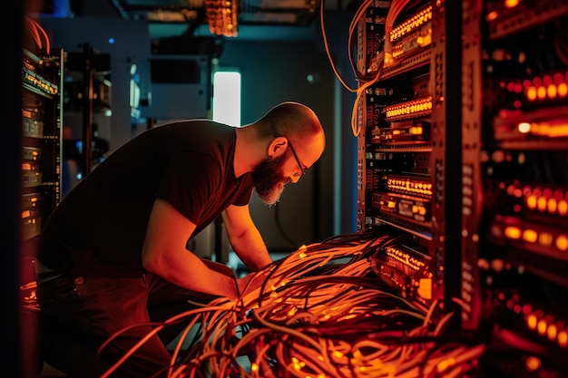 Um engenheiro na sala de servidores do datacenter conectando cabos Generative Ai