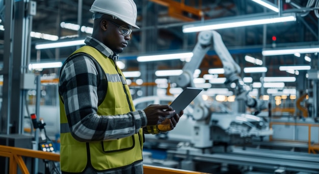 Um engenheiro preto vestindo um colete alto e um capacete trabalha em um laptop em uma linha de produção de fábrica de carros Inovação industrial Conceito de tecnologia de engenharia