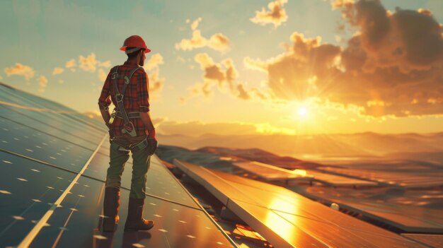 Foto um engenheiro supervisionando a instalação de painéis solares aproveitando a energia renovável para o futuro