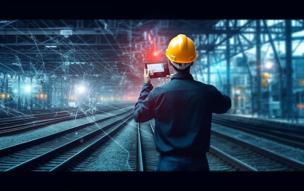 Um engenheiro trabalhando em uma estação de trem segurando um tablet