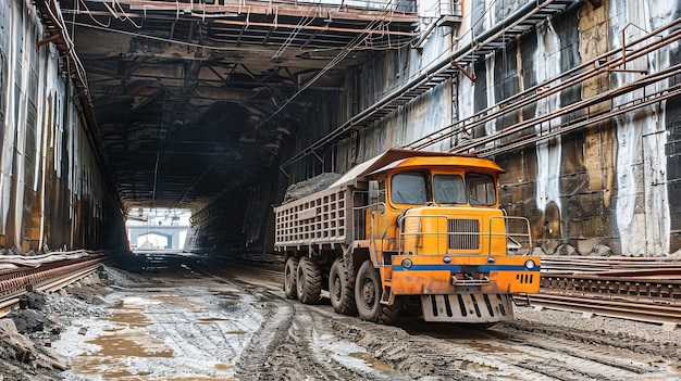 Foto um enorme caminhão amarelo navega por um túnel subterrâneo escuro na indústria mineira