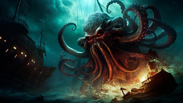 Foto um enorme cthulhu atacou o navio à noite ia generativa