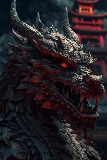 Um enorme dragão chinês preto com olhos vermelhos, um vestindo armadura vermelha nas costas, masmorra escura em ambos os lados, montanha gera ai