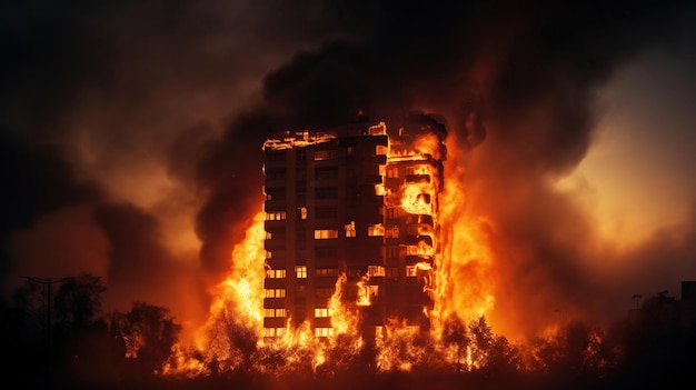 Um enorme edifício na cidade está a arder.