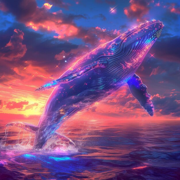 Foto um enorme golfinho de néon a saltar no meio do mar.