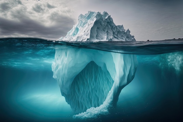 Um enorme iceberg branco na superfície do oceano