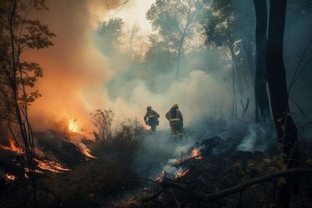 Um enorme incêndio florestal em uma floresta com fumaça densa e chamas Incêndio perigoso em uma selva e bombeiros tentando apagar o fogo Um incêndio florestal e conceito de bombeiro Generative AI