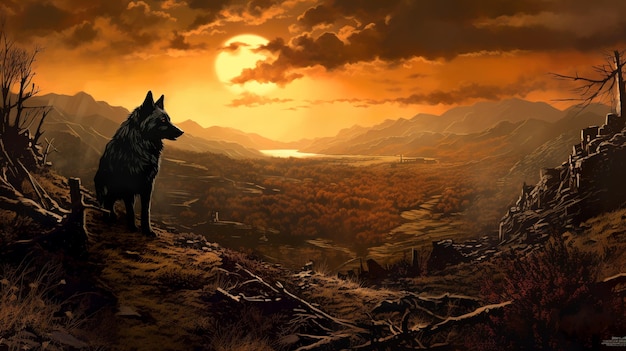Um enorme lobo preto escuro olhando para o pôr do sol em uma paisagem de montanha de desfiladeiro