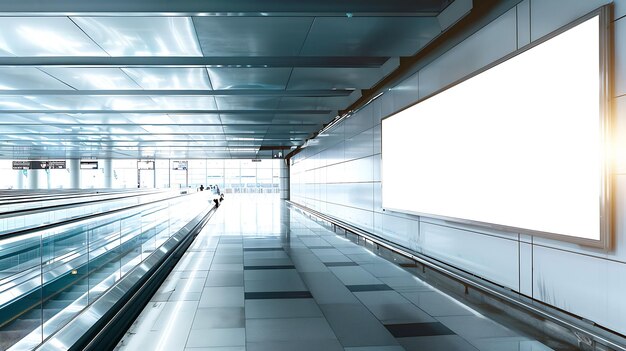 Um enorme modelo de outdoor vazio retangular ao lado do travelator em um aeroporto moderno