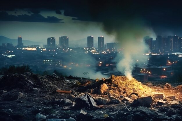 Foto um enorme monte de escombros fica nos arredores da cidade, destacando a poluição ambiental e as preocupações ecológicas.