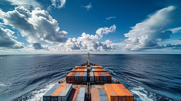 Foto um enorme navio de carga transportando contêineres navega pelo vasto oceano