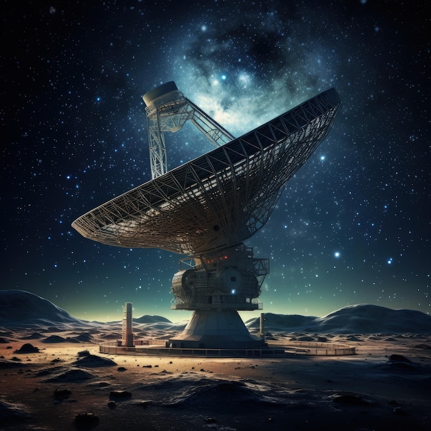 Um enorme prato de radiotelescópio capturando sinais de galáxias distantes Generative AI