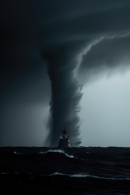 Um enorme tornado girando sobre o mar criado usando tecnologia de IA generativa