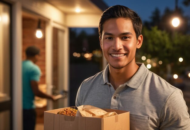 Um entregador carrega uma caixa provavelmente cheia de produtos assados insinuando um serviço de entrega de alimentos