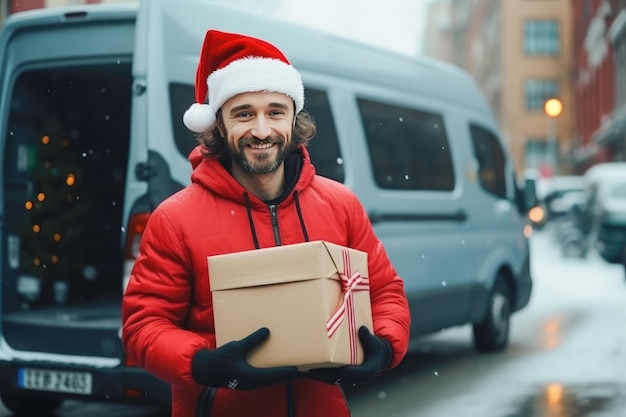 Um entregador com chapéu de Papai Noel trouxe um presente de um pedido on-line em uma van de carga