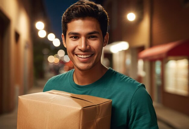 Foto um entregador com uma caixa de mantimentos frescos está a fornecer um serviço com produtos frescos de qualidade em