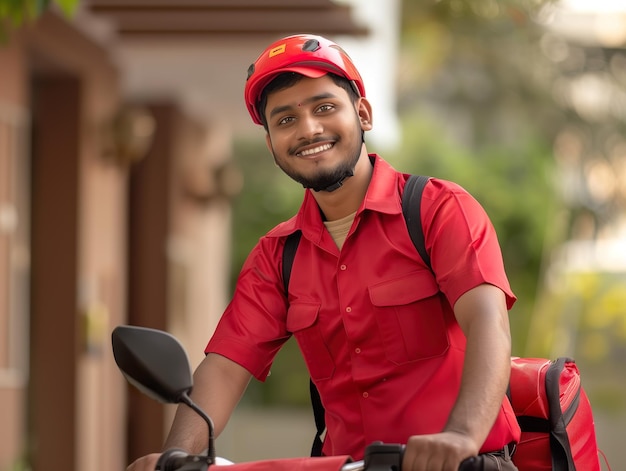 Um entregador de comida sorridente de uniforme vermelho a andar de scooter.