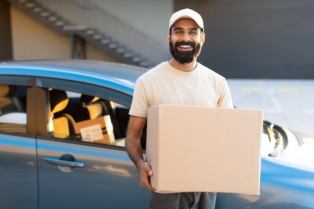 Um entregador indiano feliz de pé perto de um carro segurando um pacote de caixa de cartão