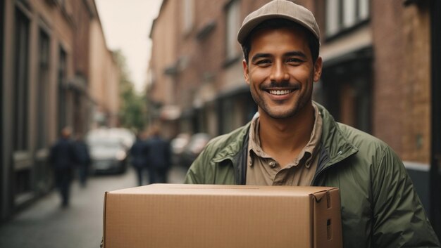 Um entregador sorridente com uma encomenda na mão.