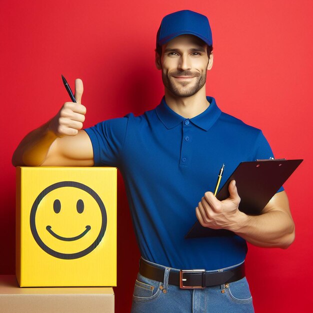 Foto um entregador sorridente pronto para entregar as suas encomendas.