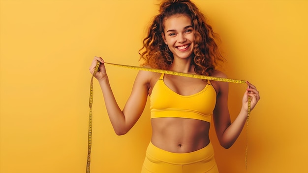 Um entusiasta de fitness alegre comemora o sucesso de um estilo de vida saudável em roupas esportivas amarelas com fita de medição sorridente e vivace Perfeito para bem-estar Conteúdo AI