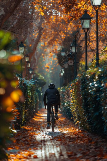 Um entusiasta do fitness a andar de bicicleta por um caminho alinhado com cercas com padrões abstratos e postes de luz futuristas