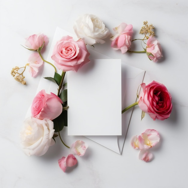 Um envelope branco com flores rosa e vermelhas e um cartão com um cartão branco dentro.