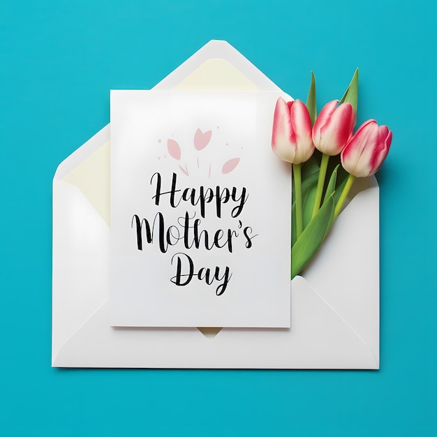 Um envelope branco com um cartão que diz Feliz Dia da Mãe e tulipas cor-de-rosa no lado direito