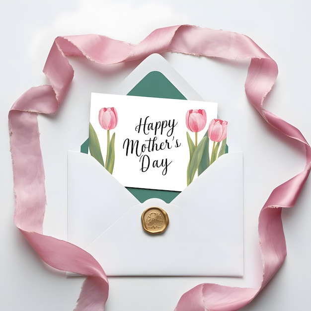 Um envelope branco com um cartão que diz Feliz Dia da Mãe e tulipas cor-de-rosa no lado direito