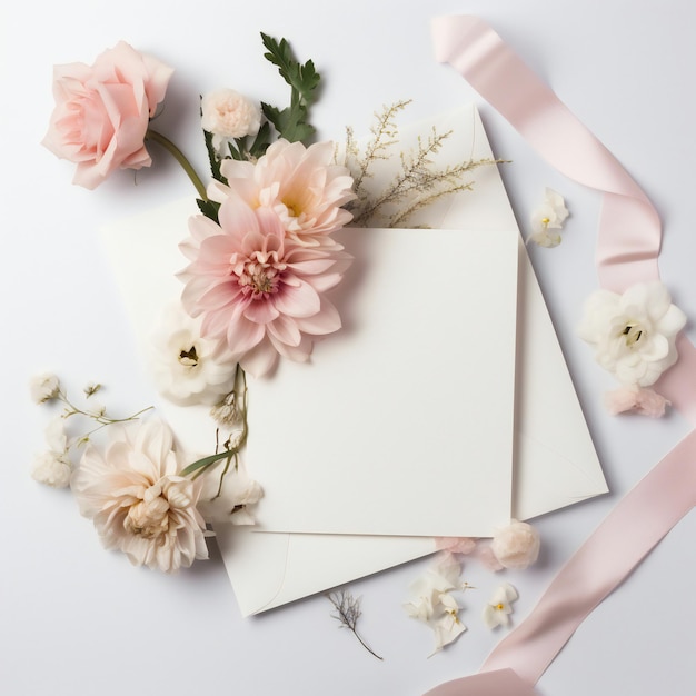 Um envelope branco com uma fita rosa e flores nele.