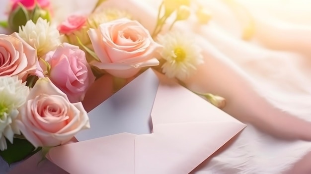 Um envelope com belas flores, incluindo rosas.